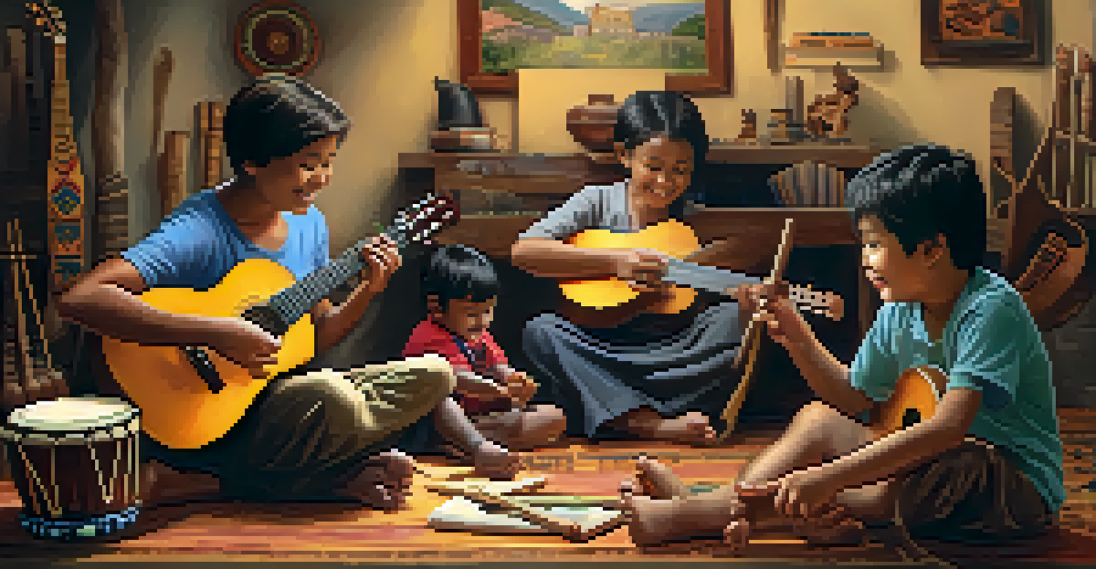 A parent and child participating in a music workshop, learning to play instruments together.