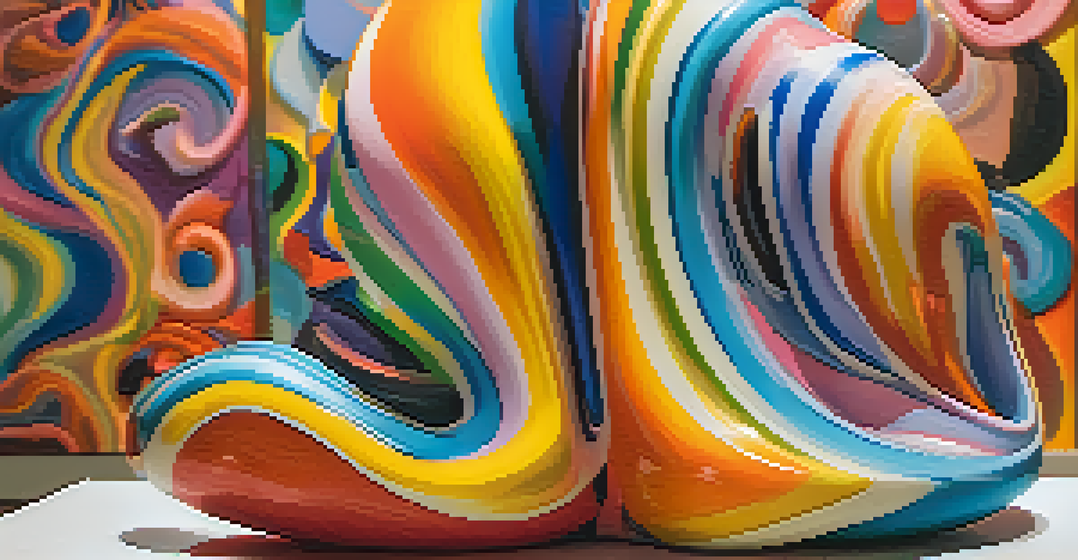 A close-up of a colorful sculpture from the Funk Movement, displaying exaggerated forms and vibrant colors in a gallery setting.