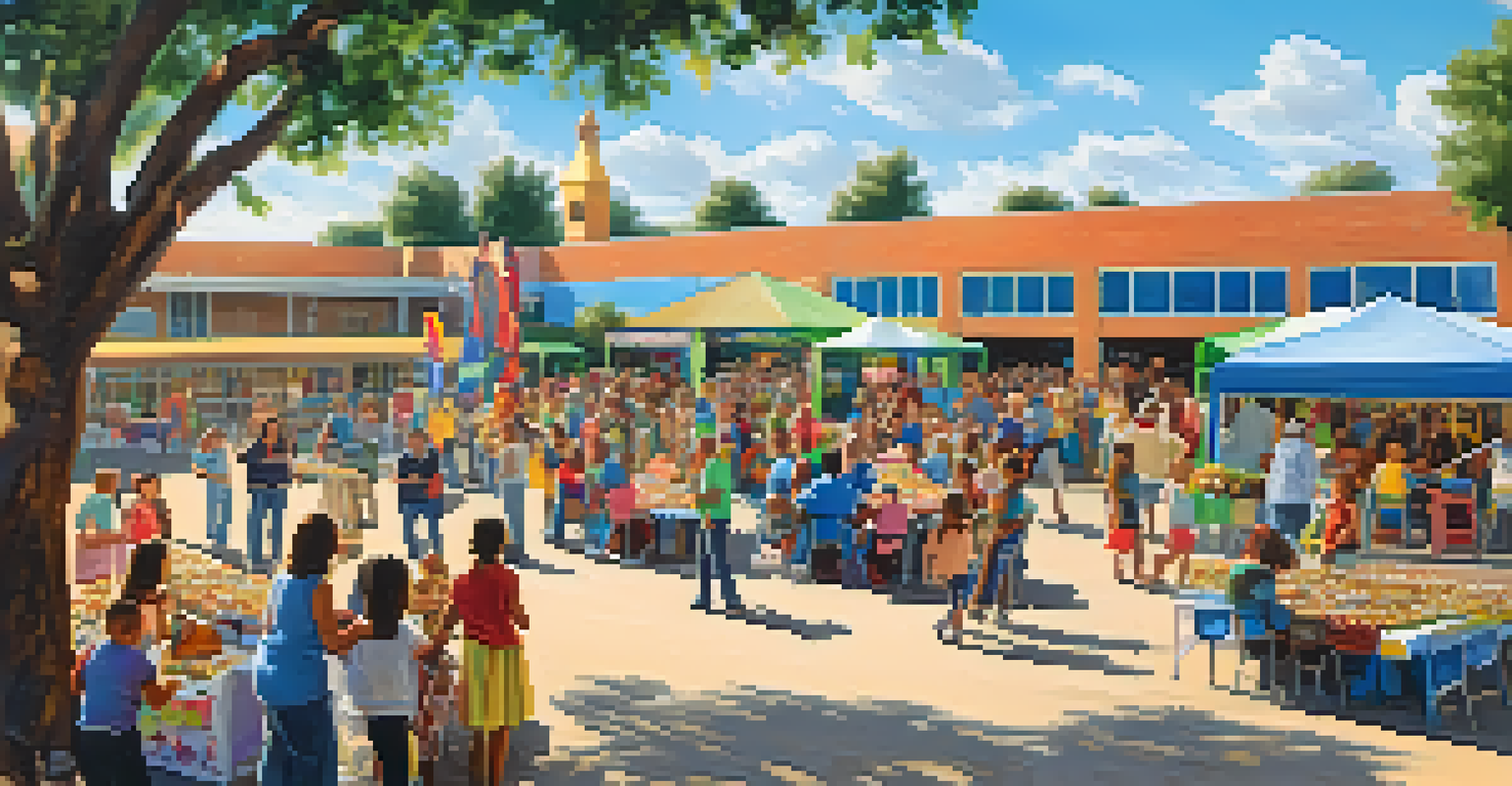 A lively community event at a rural school in California, with families and local businesses participating in a fundraiser filled with activities and booths.