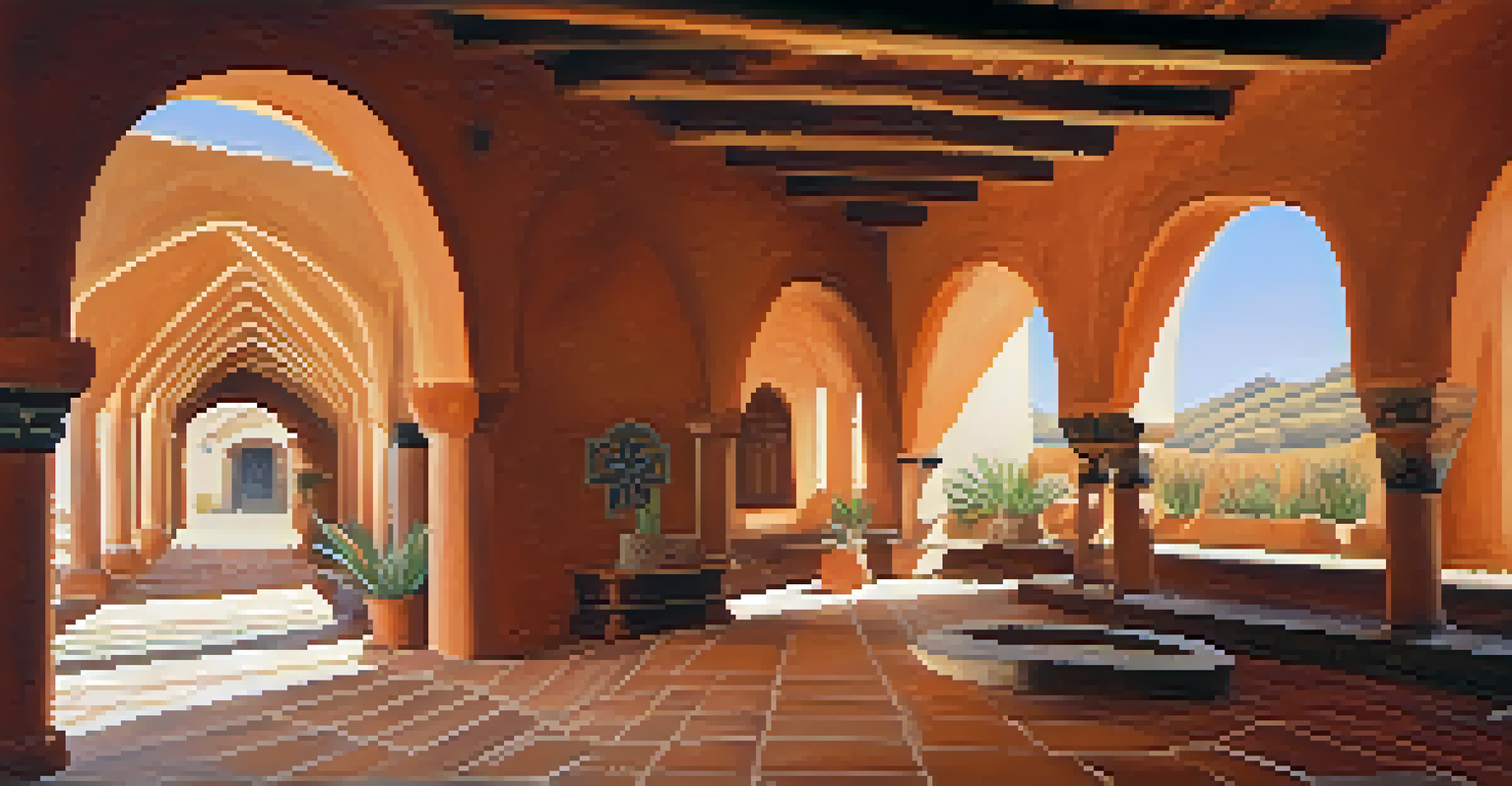 An interior shot of a California mission showing vaulted adobe ceilings, arched windows, and indigenous decorative elements with soft lighting.