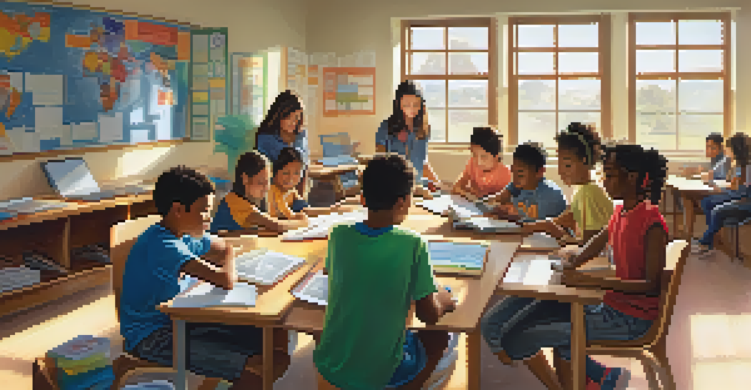 A diverse classroom in California with students collaborating on a project, surrounded by educational materials and a warm atmosphere.