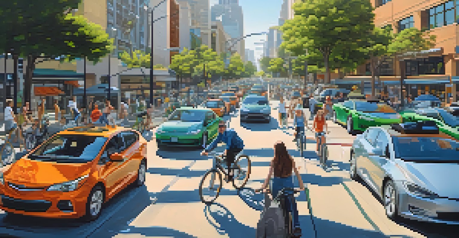 A bustling California street with electric vehicles, cyclists, and greenery promoting sustainable transportation.