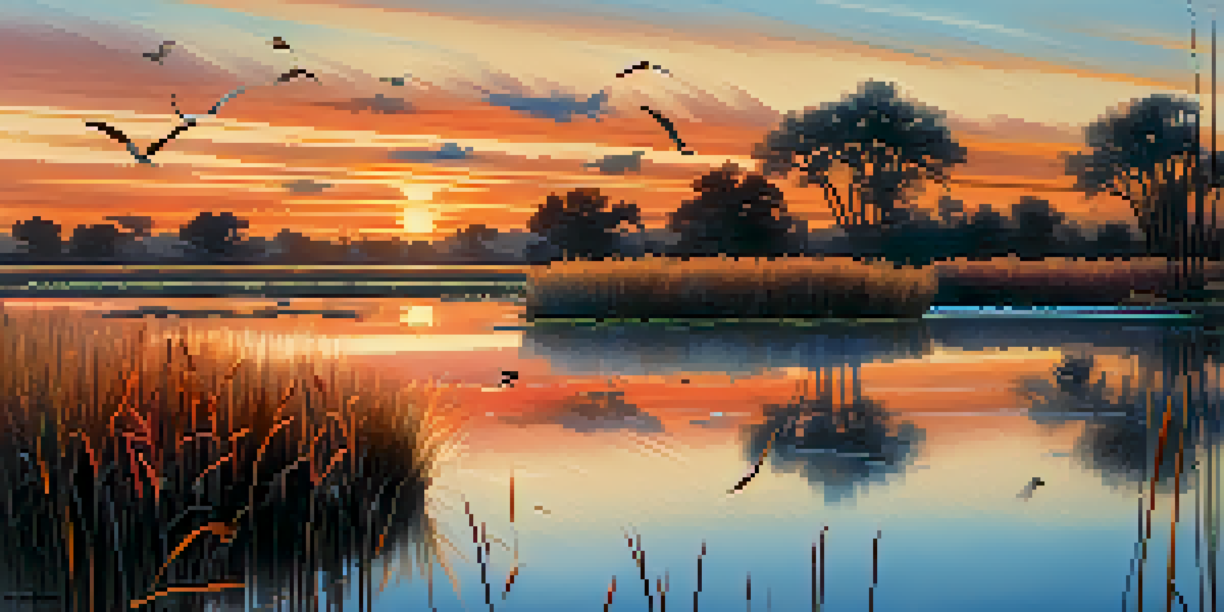 A peaceful California wetland during sunset with colorful reflections, framed by cattails and bulrushes, and migratory birds flying in the distance.