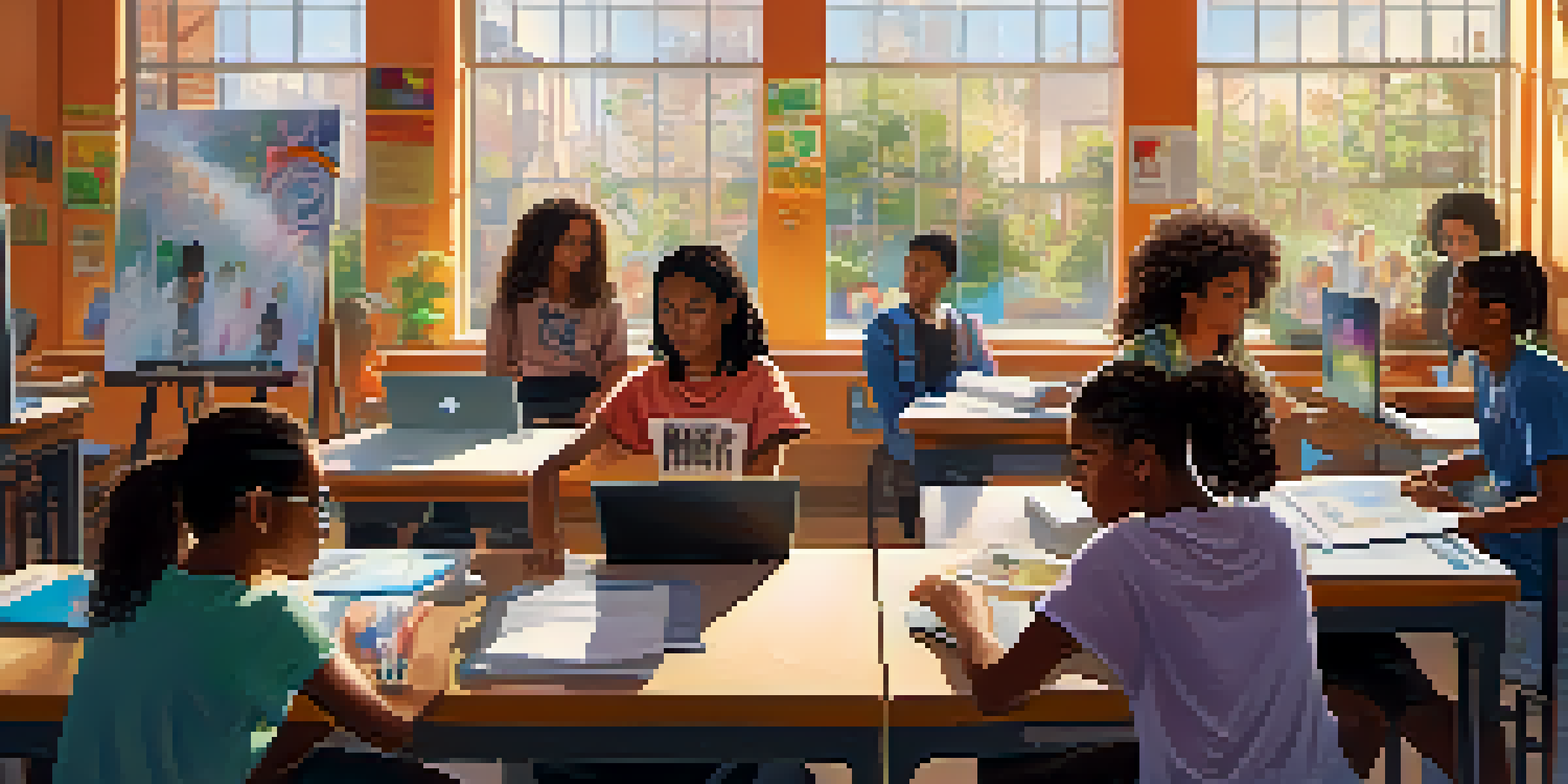 A diverse group of students collaborating on a tech project in a bright classroom, with computers and creative posters around them.