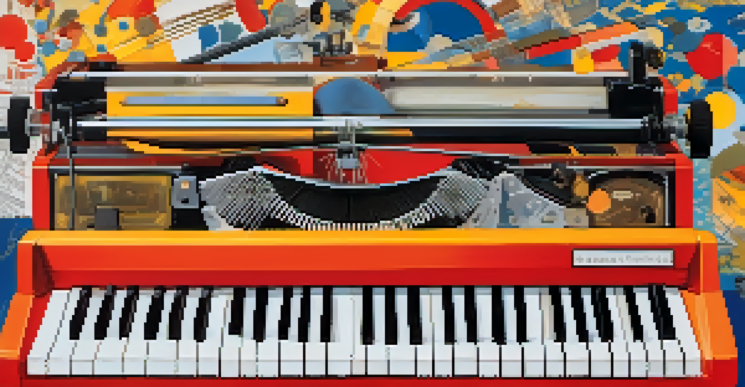 An abstract collage representing the Beat Generation, with images of typewriters, jazz instruments, and colorful textures, symbolizing creativity and spontaneity.