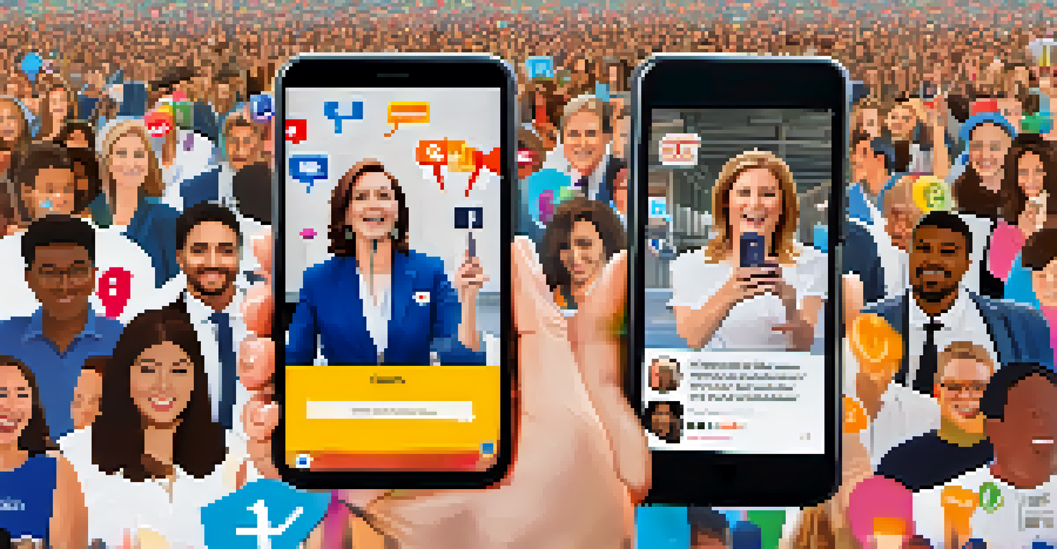 A female politician engaging with her audience through a smartphone, surrounded by positive social media comments and vibrant graphics.