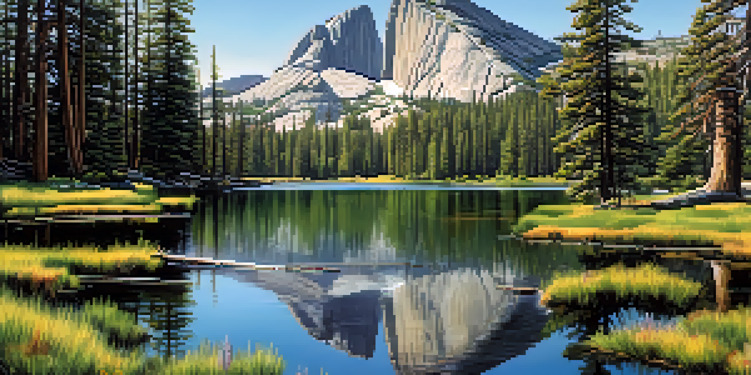 A serene landscape of Cathedral Lakes with reflections of granite cliffs, surrounded by wildflowers and trees under a clear sky.