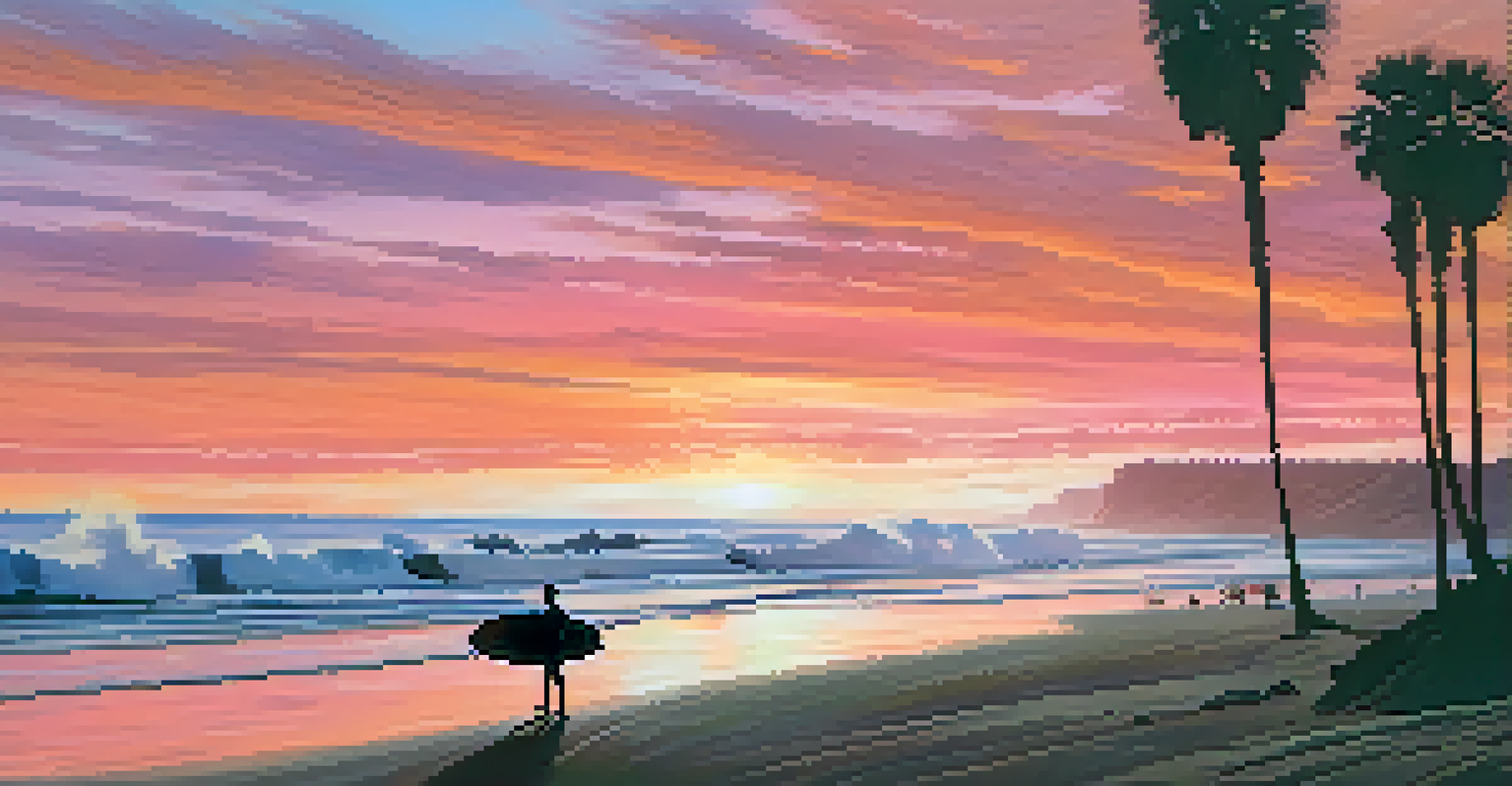 A calm California beach at sunset with a silhouette of a surfer and colorful sky reflections on the water.