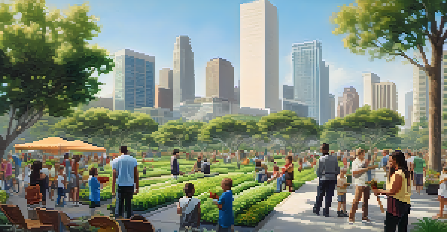 A vibrant urban park in Los Angeles with community members planting trees, surrounded by greenery and city buildings.