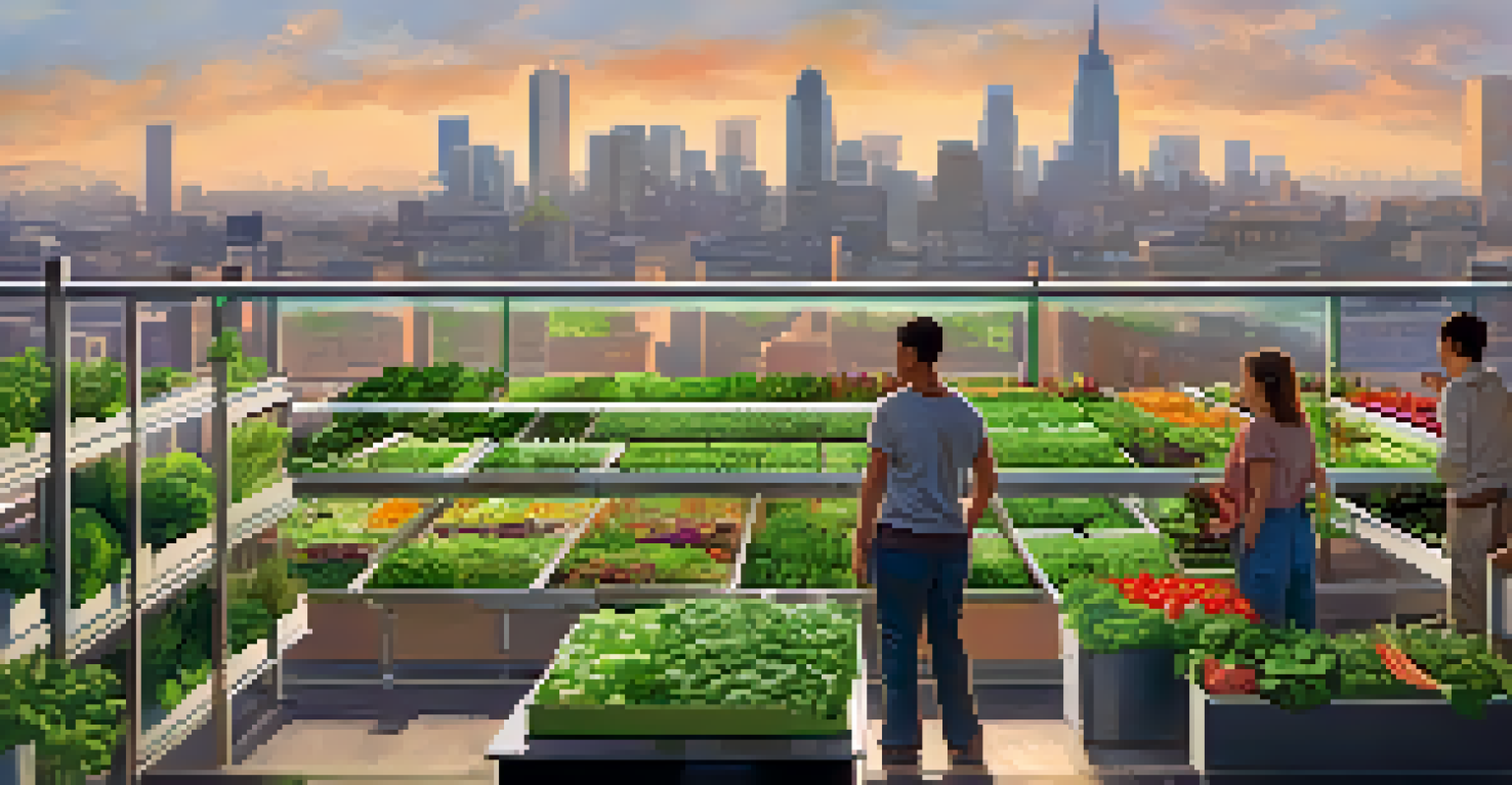 An urban rooftop vertical farm with a city skyline view, featuring colorful herbs and people at a market stall.