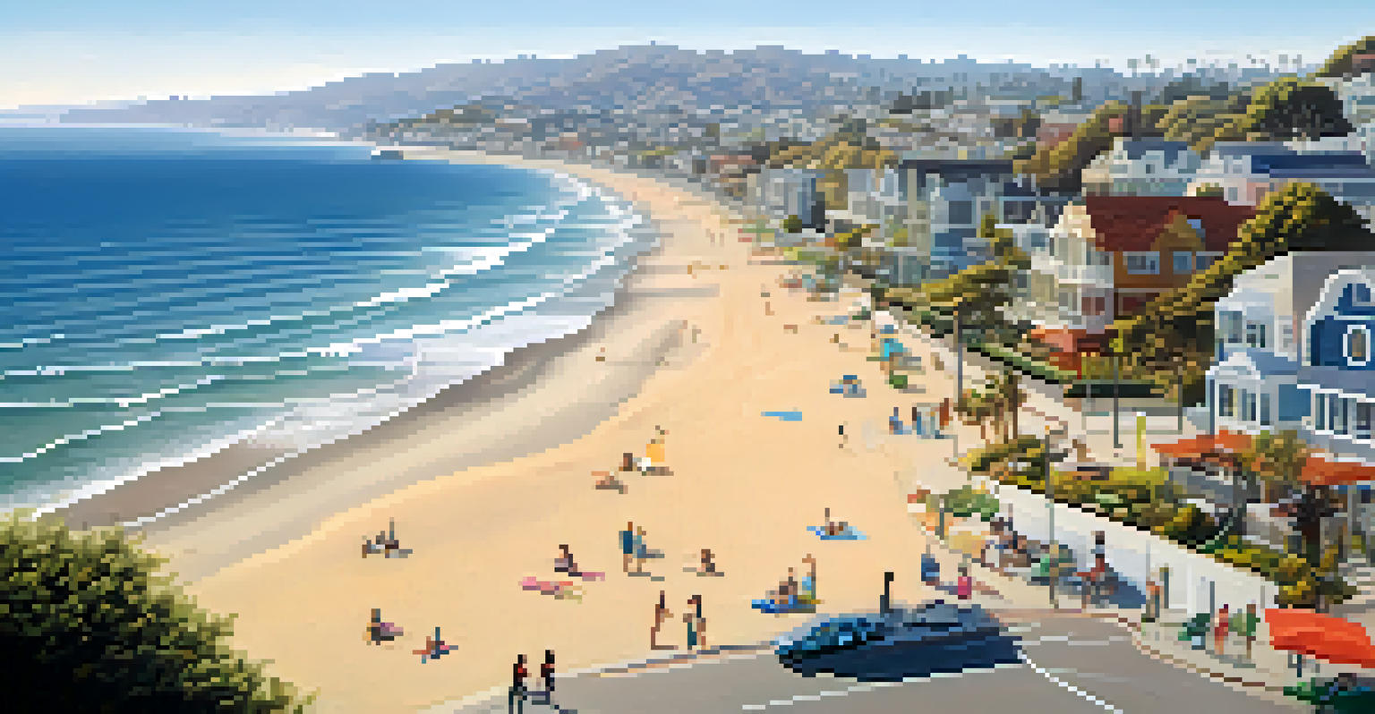 A beautiful California coastal city with clear skies, a beach, and people engaged in outdoor activities.