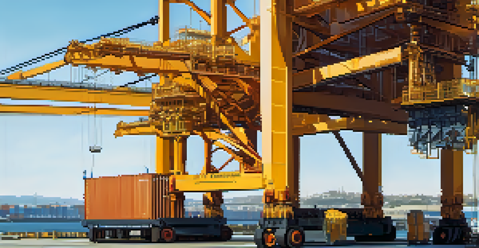 Close-up of an automated crane at a California port, highlighting modern technology and cargo containers.