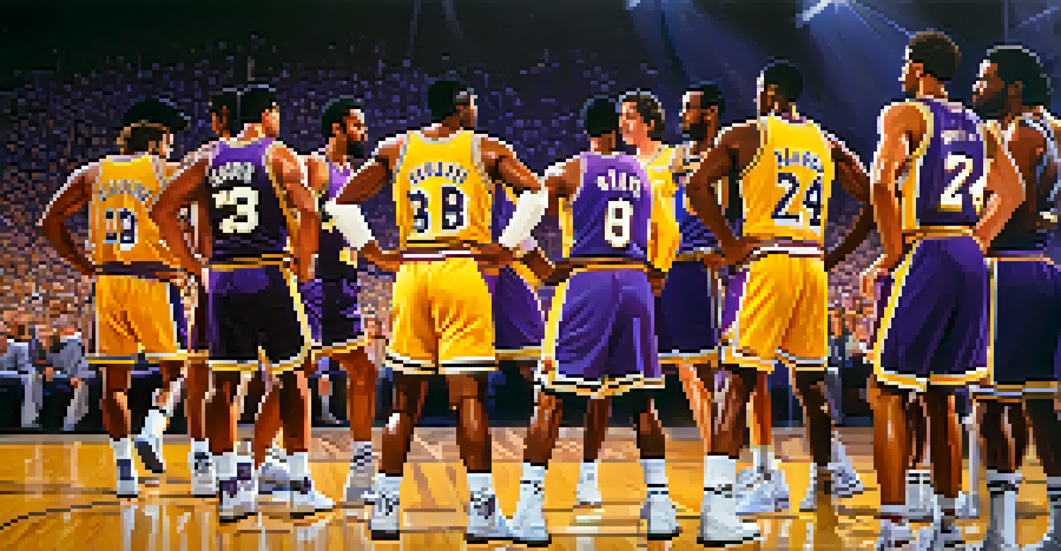 A bustling 1980s basketball game in Los Angeles with fans in Lakers jerseys and colorful lights illuminating the court.