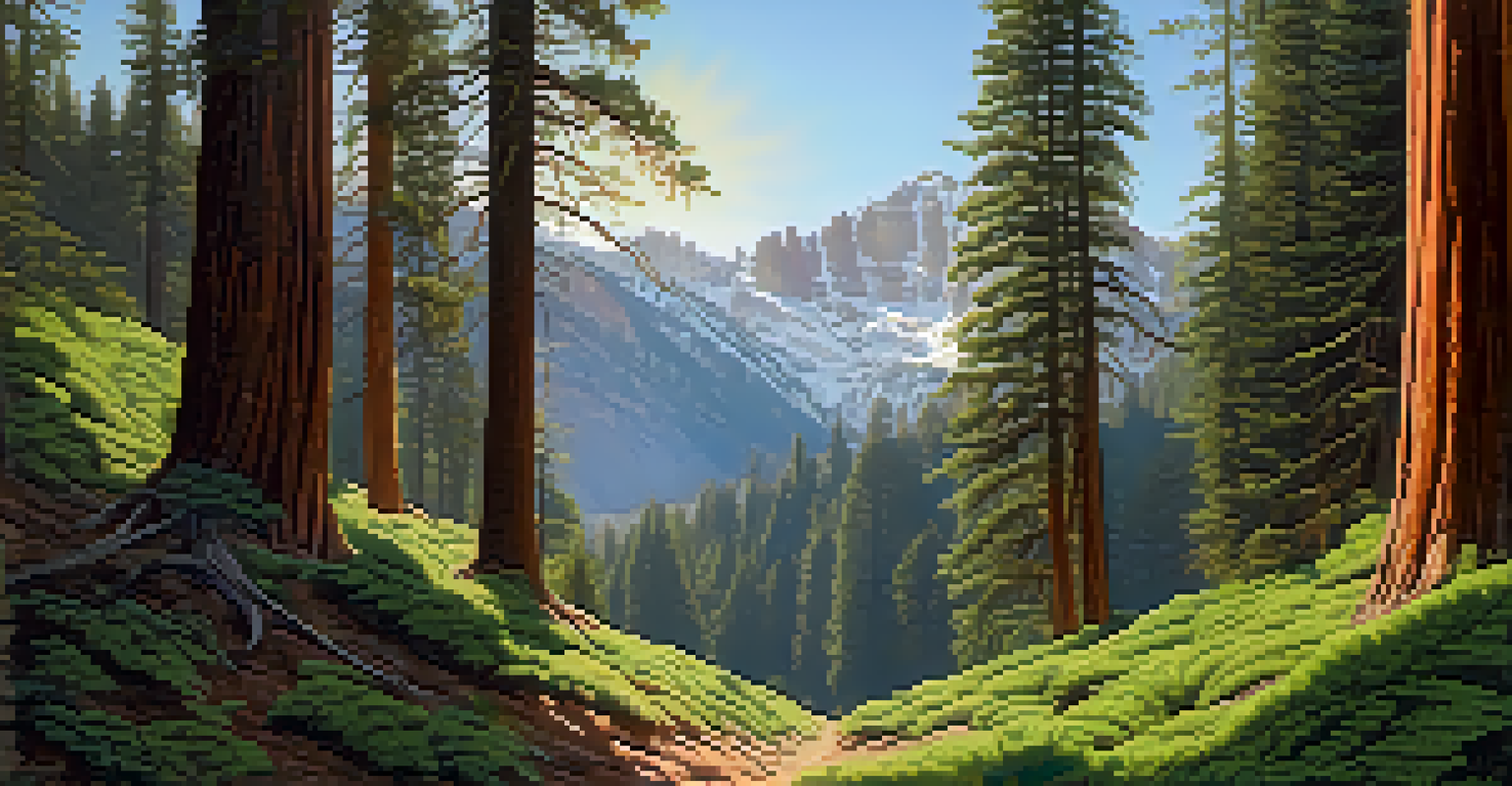 A serene forest scene in Sequoia National Park with giant sequoia trees and a clear blue sky.