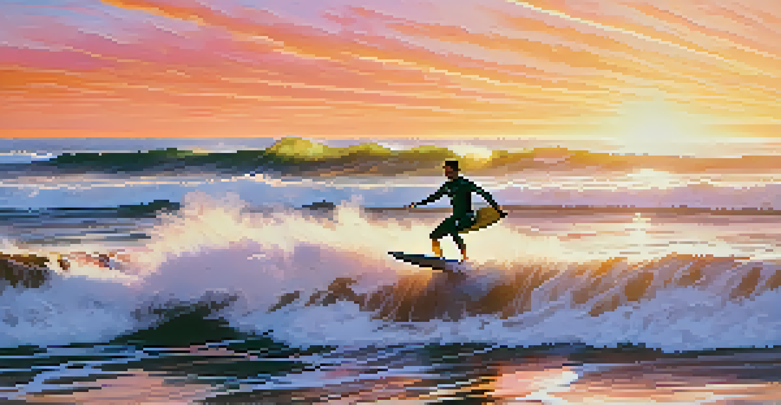 A surfer riding a large wave at sunset with the California coastline in the background.