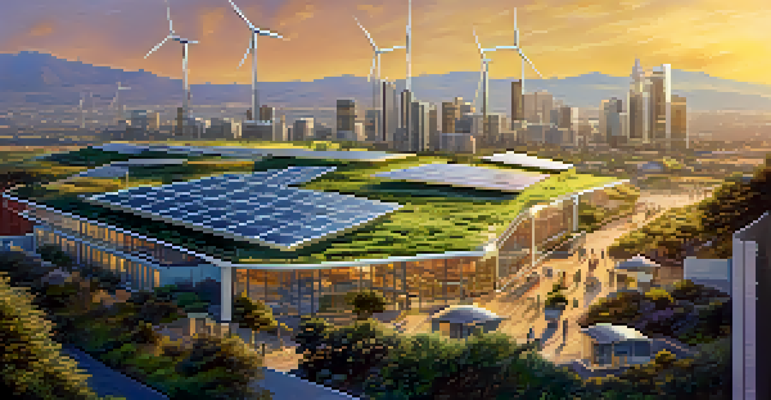 A futuristic cityscape in California highlighting sustainability with solar panels and wind turbines under a golden sunset.