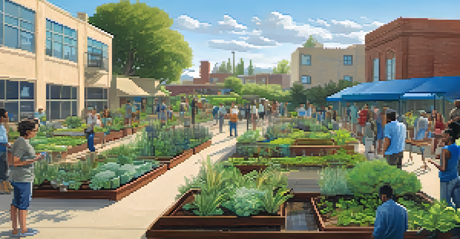 An urban rooftop garden in California with rainwater harvesting systems and people attending a workshop on water conservation techniques.