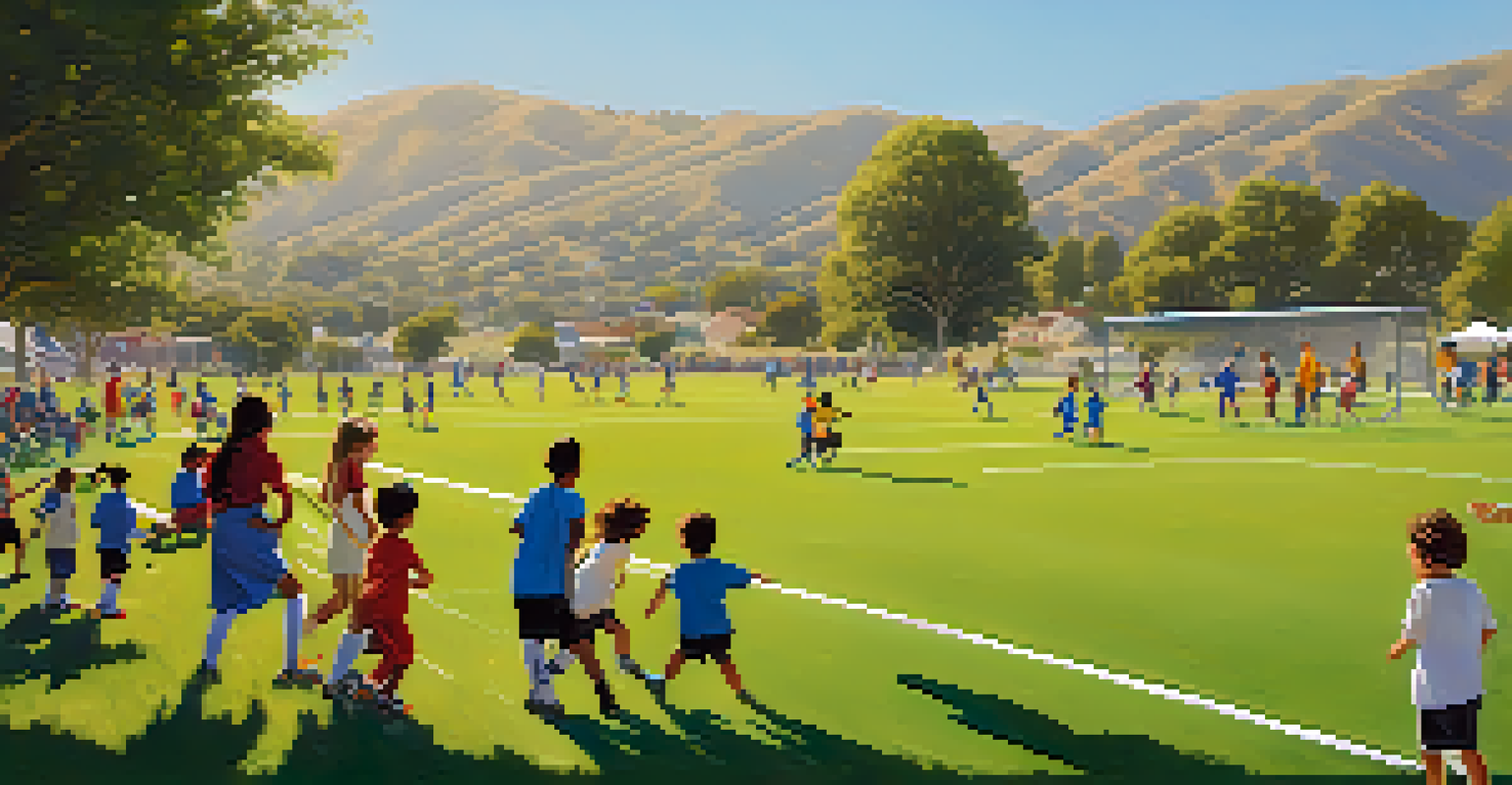 A youth soccer tournament in California, showcasing children playing on a green field with hills in the background and cheering spectators.