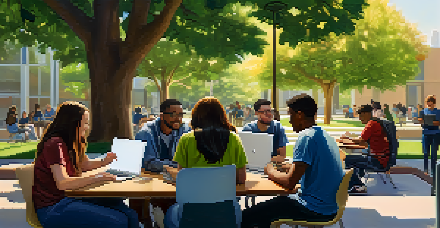 A group of adult learners in a sunny outdoor setting, working together on a laptop during a coding workshop.