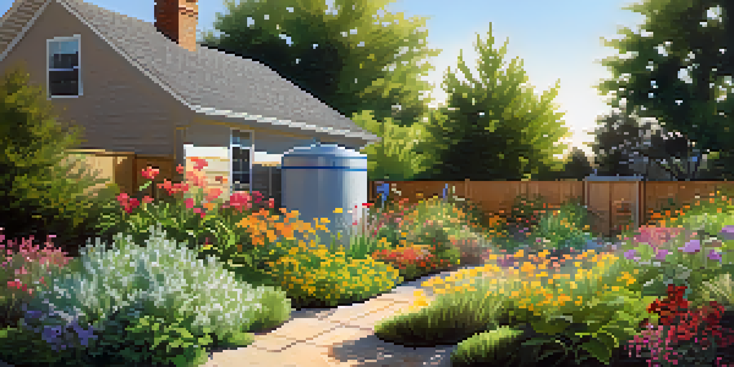 A beautiful backyard garden with colorful flowers and green plants, featuring a visible graywater recycling system and sunlight casting soft shadows.