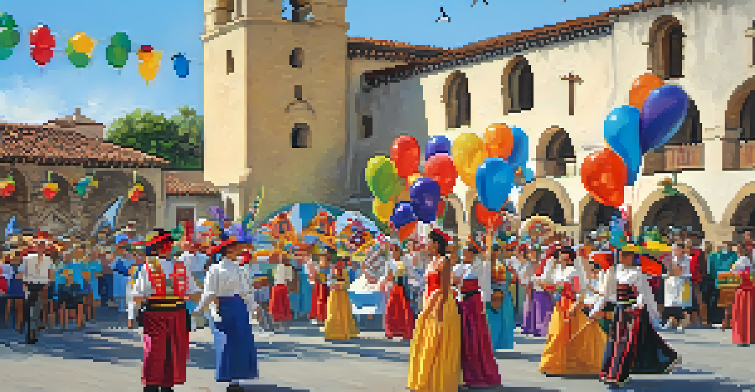 The Swallows Day Parade in front of Mission San Juan Capistrano with colorful floats and participants.