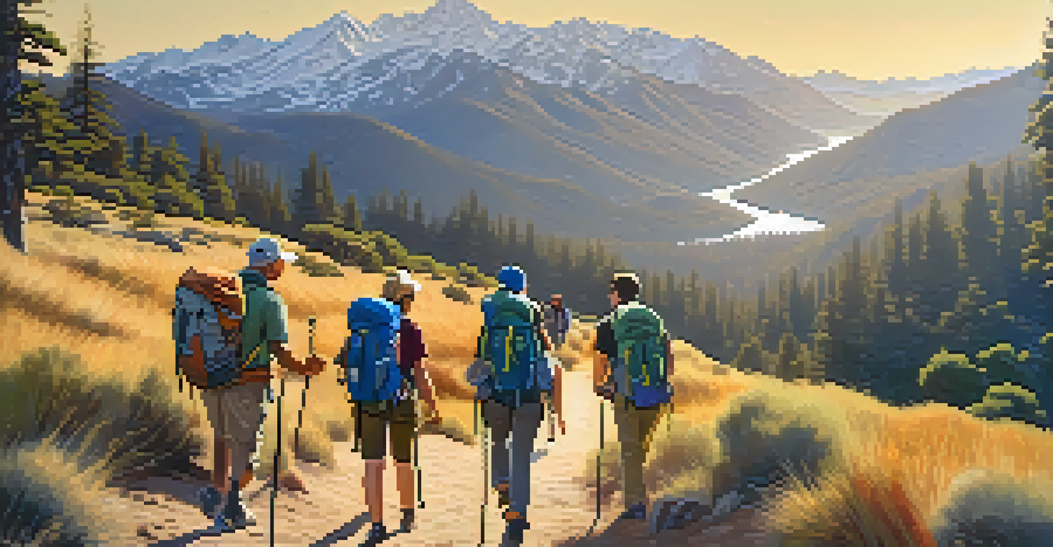 A diverse group of hikers in a California national park, enjoying the scenic views of mountains and valleys under warm sunlight.