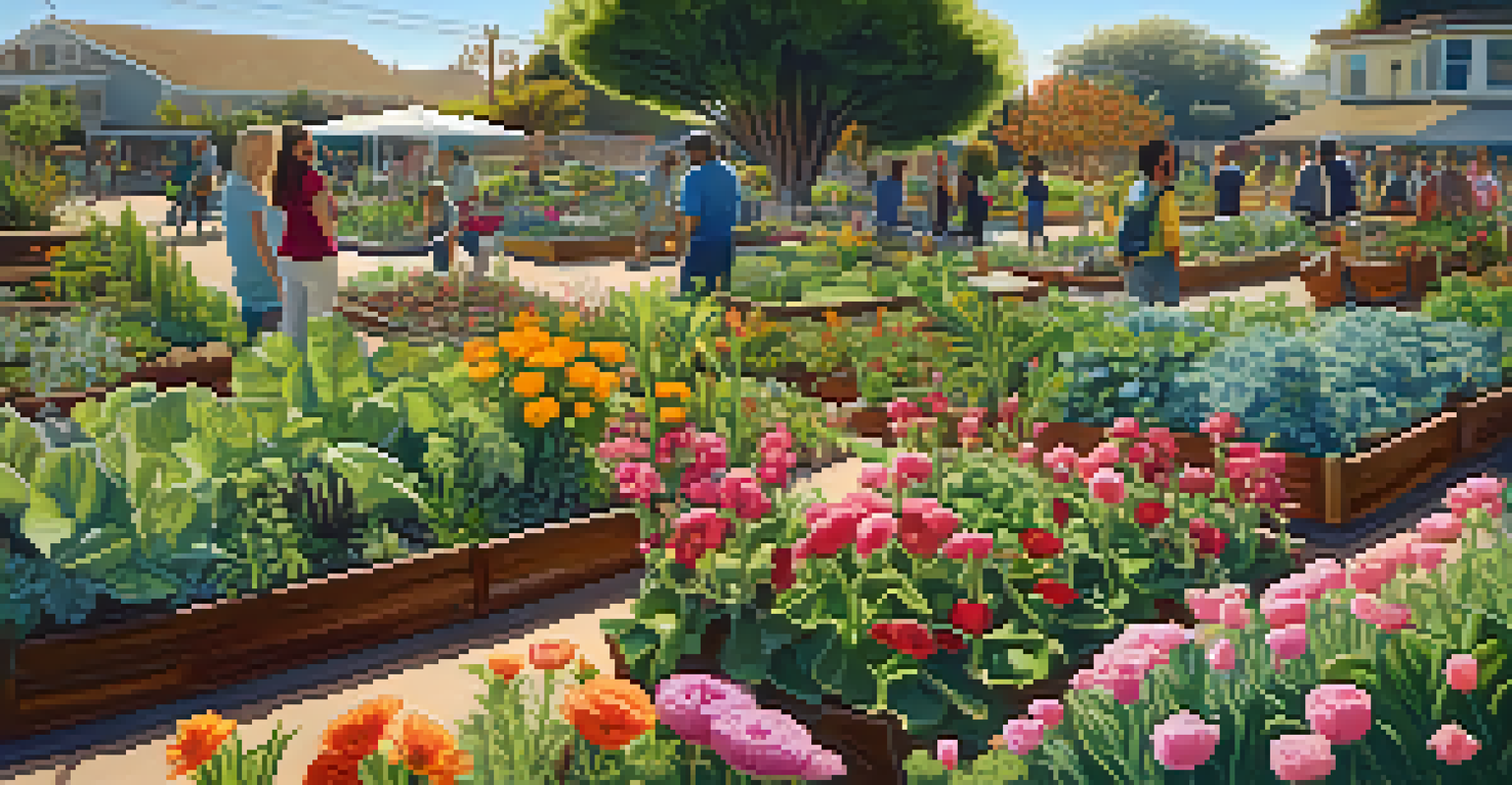 A diverse group of people working in a community garden in California under warm sunlight.