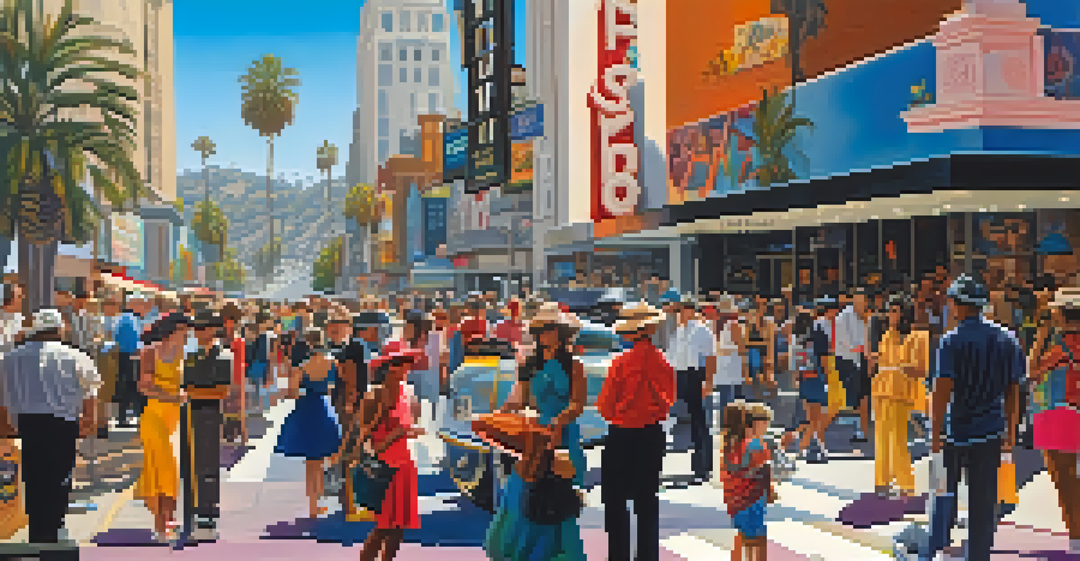 A lively scene on Hollywood Boulevard with street performers and tourists, featuring the Hollywood sign in the background.
