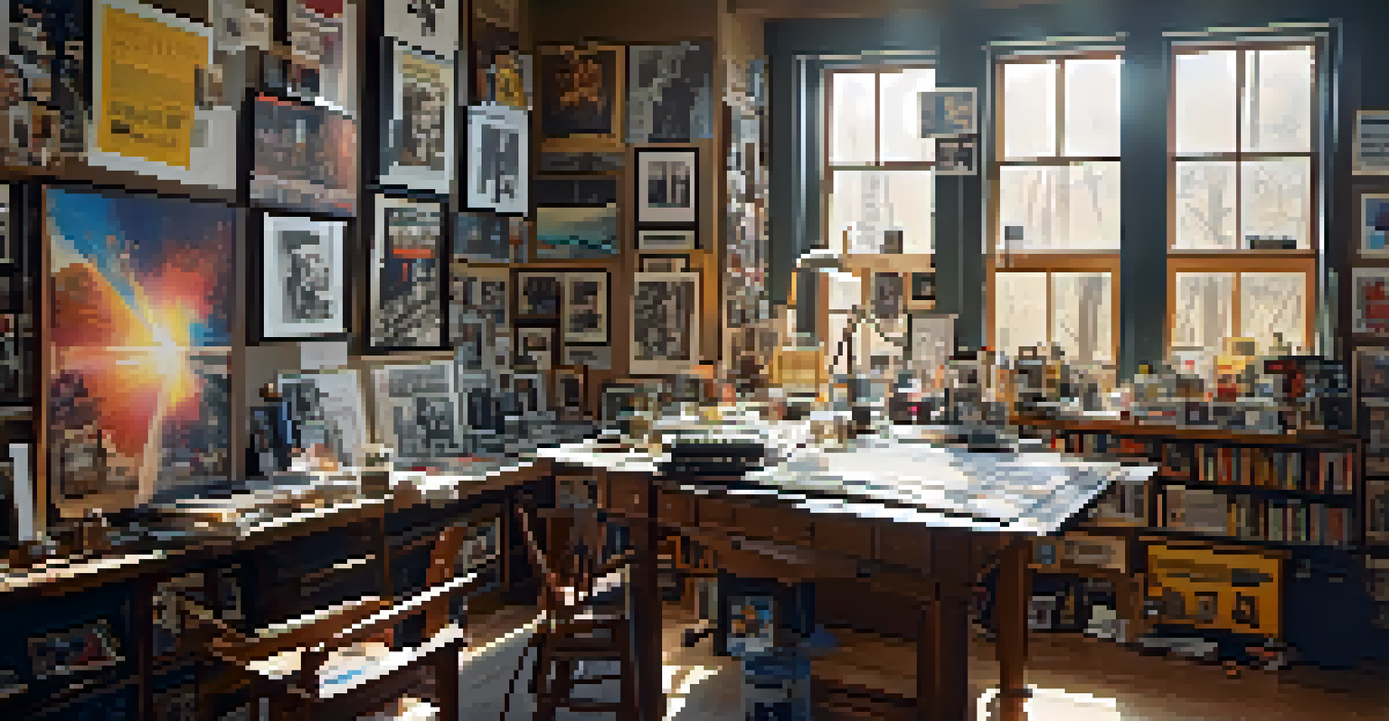 An artist's studio filled with vintage film memorabilia and bright sunlight.