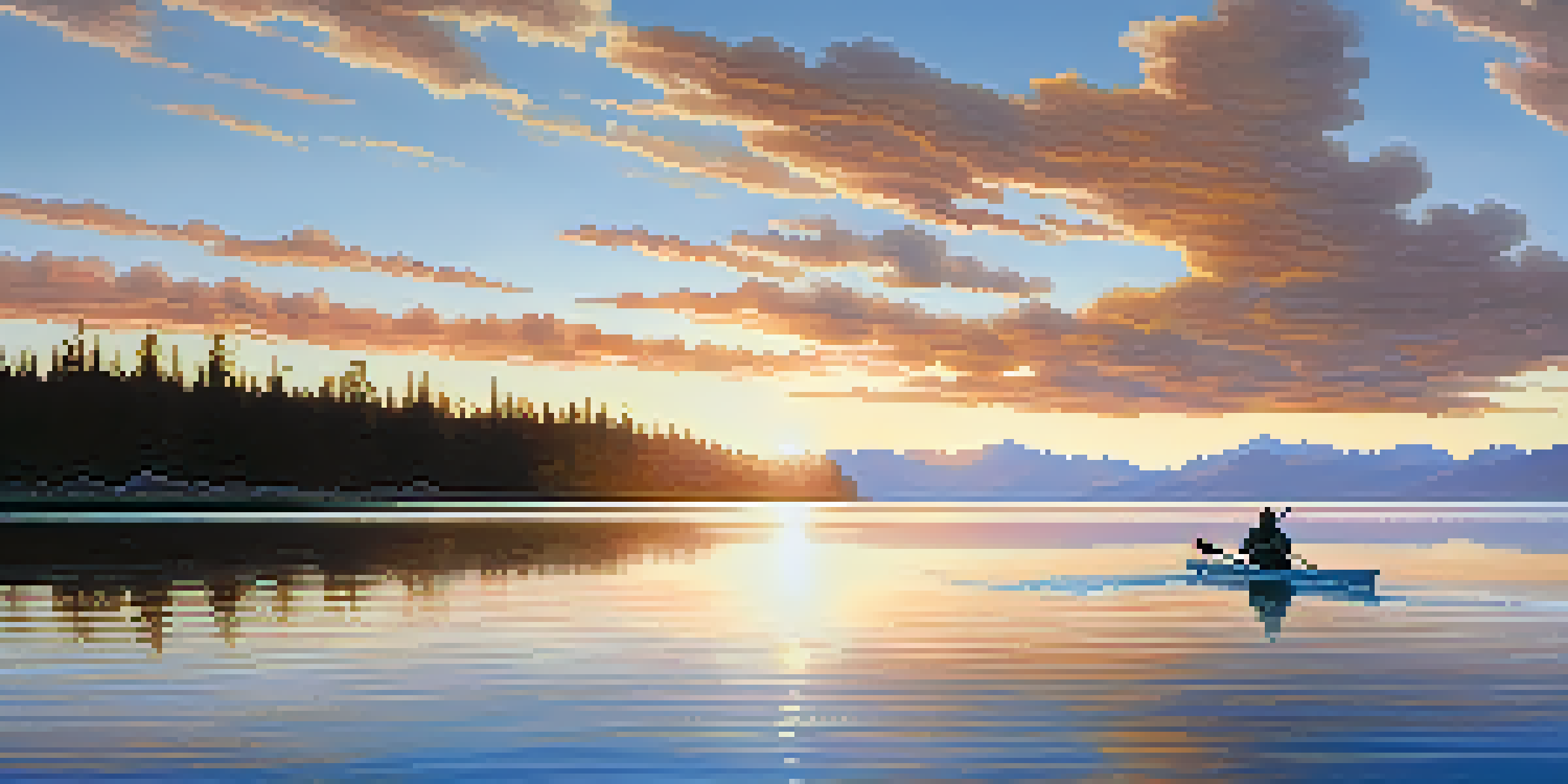 A kayaker on calm waters of Lake Tahoe during sunrise, with mountains and soft pastel colors in the background.