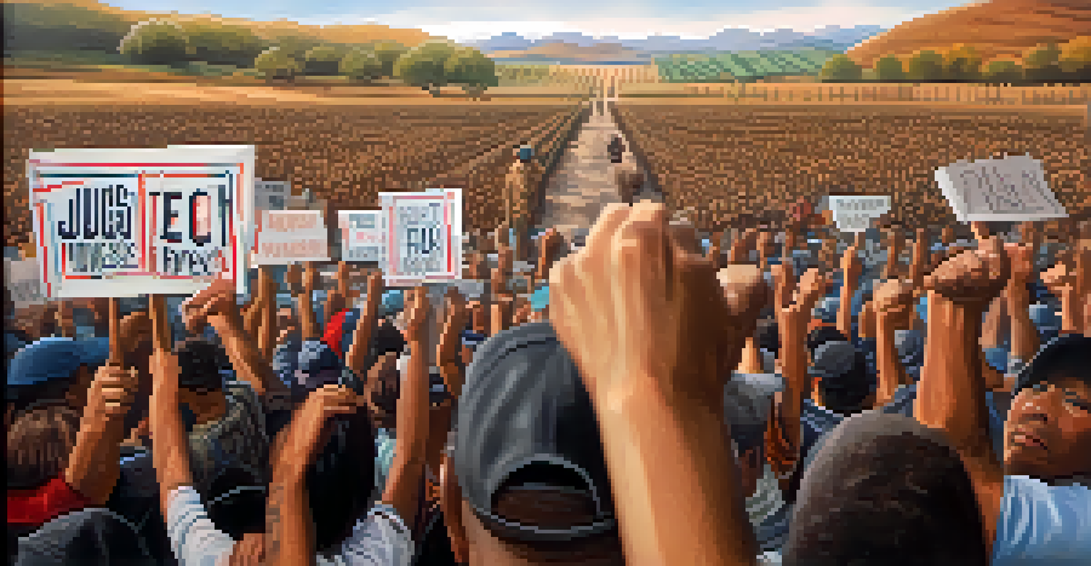 A close-up of a hand holding a protest sign advocating for farmworker rights, set against a blurred background of a peaceful protest.