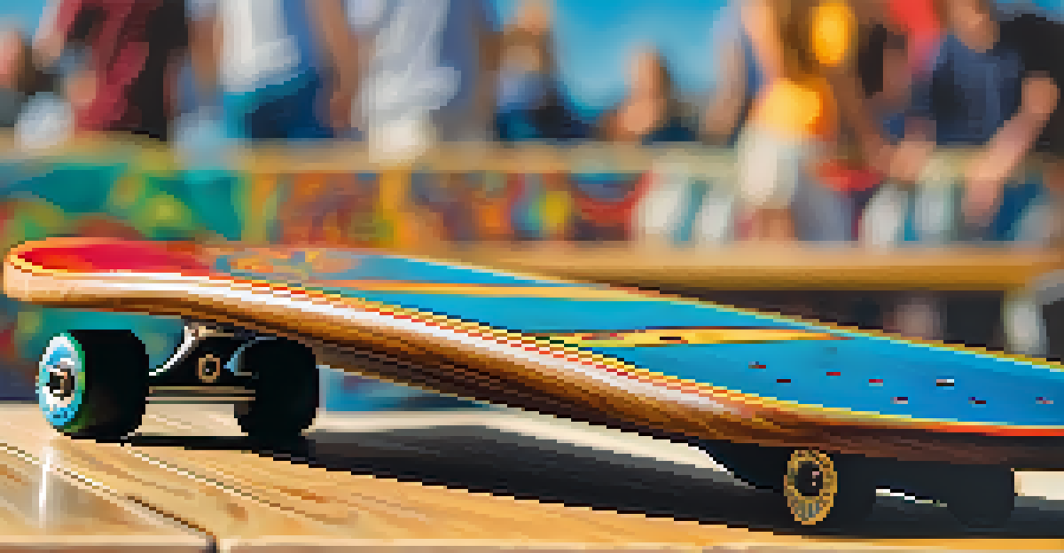 A close-up of a skateboard deck on a wooden ramp with colorful graphics.