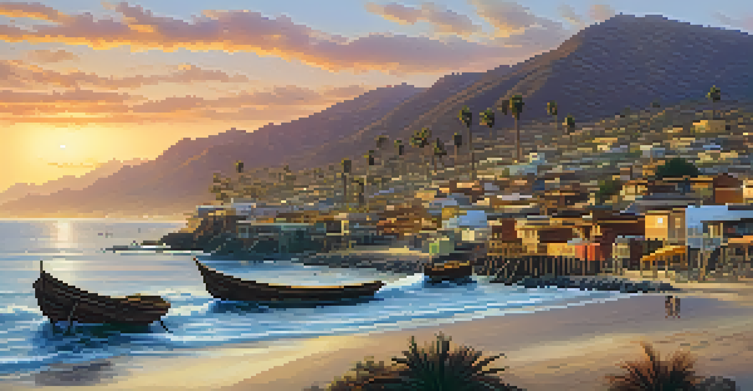 A beautiful coastal scene showing a Mexican fishing village with rustic boats, palm trees, and a sunset over the California coastline, symbolizing cultural exchange.