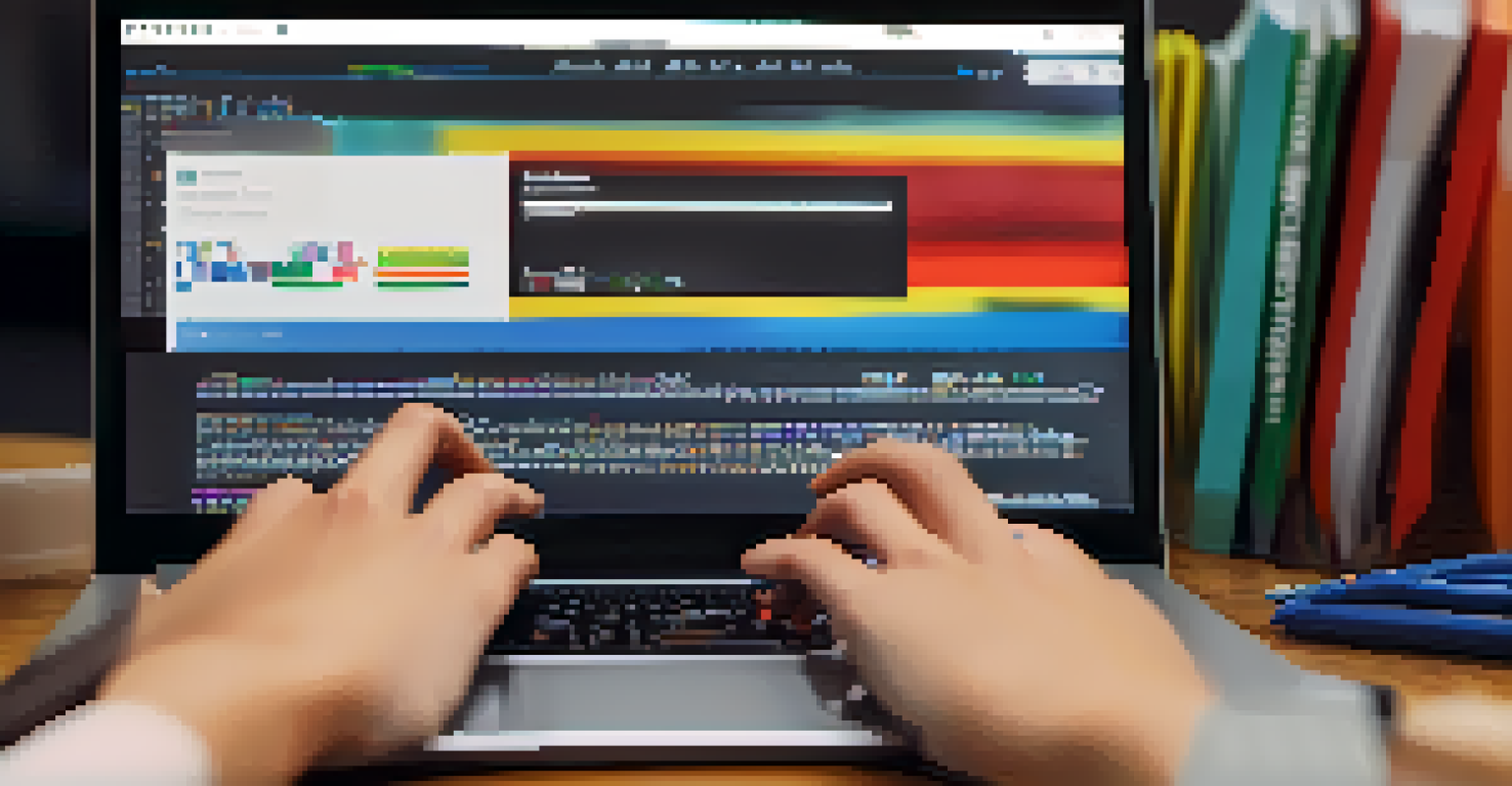Close-up of a student's hands typing on a laptop, with code and digital graphics displayed on the screen in a tech classroom.