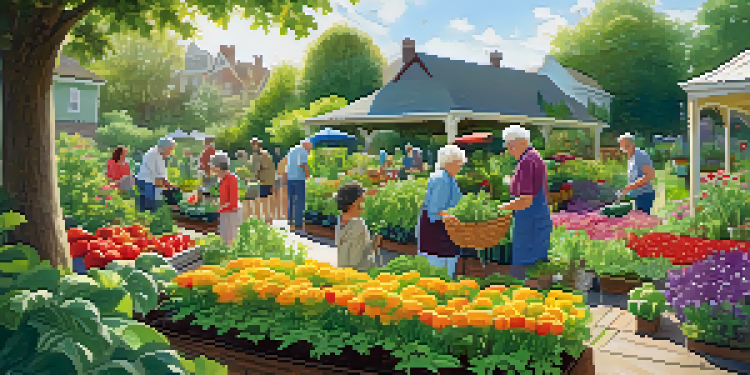 Seniors gardening in a community garden, surrounded by colorful plants and flowers, under bright sunlight.
