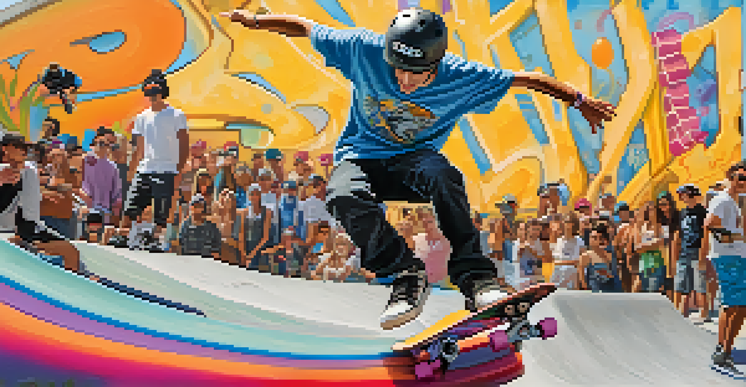 A skateboarder performing tricks at a skatepark with graffiti art in the background.