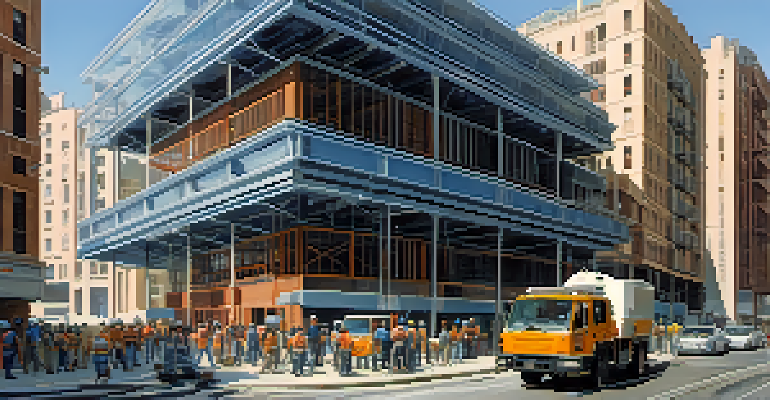 An engineer inspecting a modern earthquake-resistant building in an urban setting, surrounded by pedestrians and vehicles.