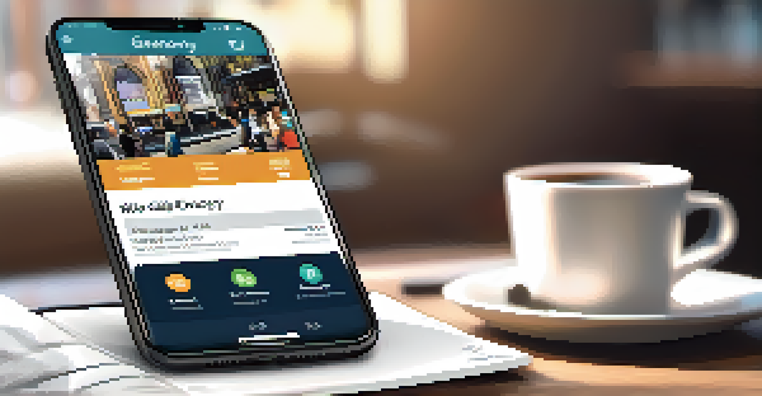 A close-up of a smartphone with a gig economy app showing job listings, set in a cozy workspace with a laptop and coffee.