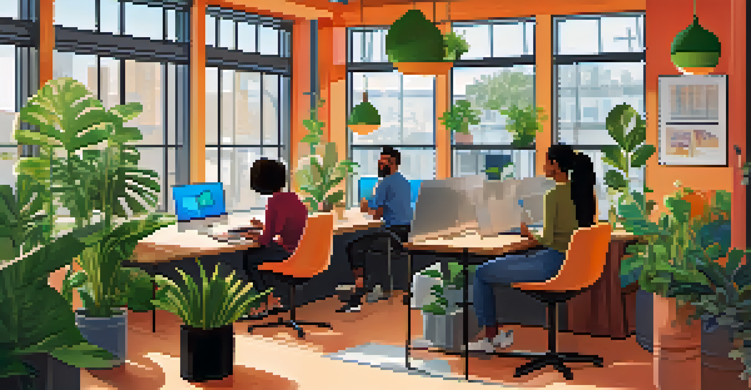A collaborative workspace filled with diverse gig workers discussing projects and sharing ideas in a bright environment.