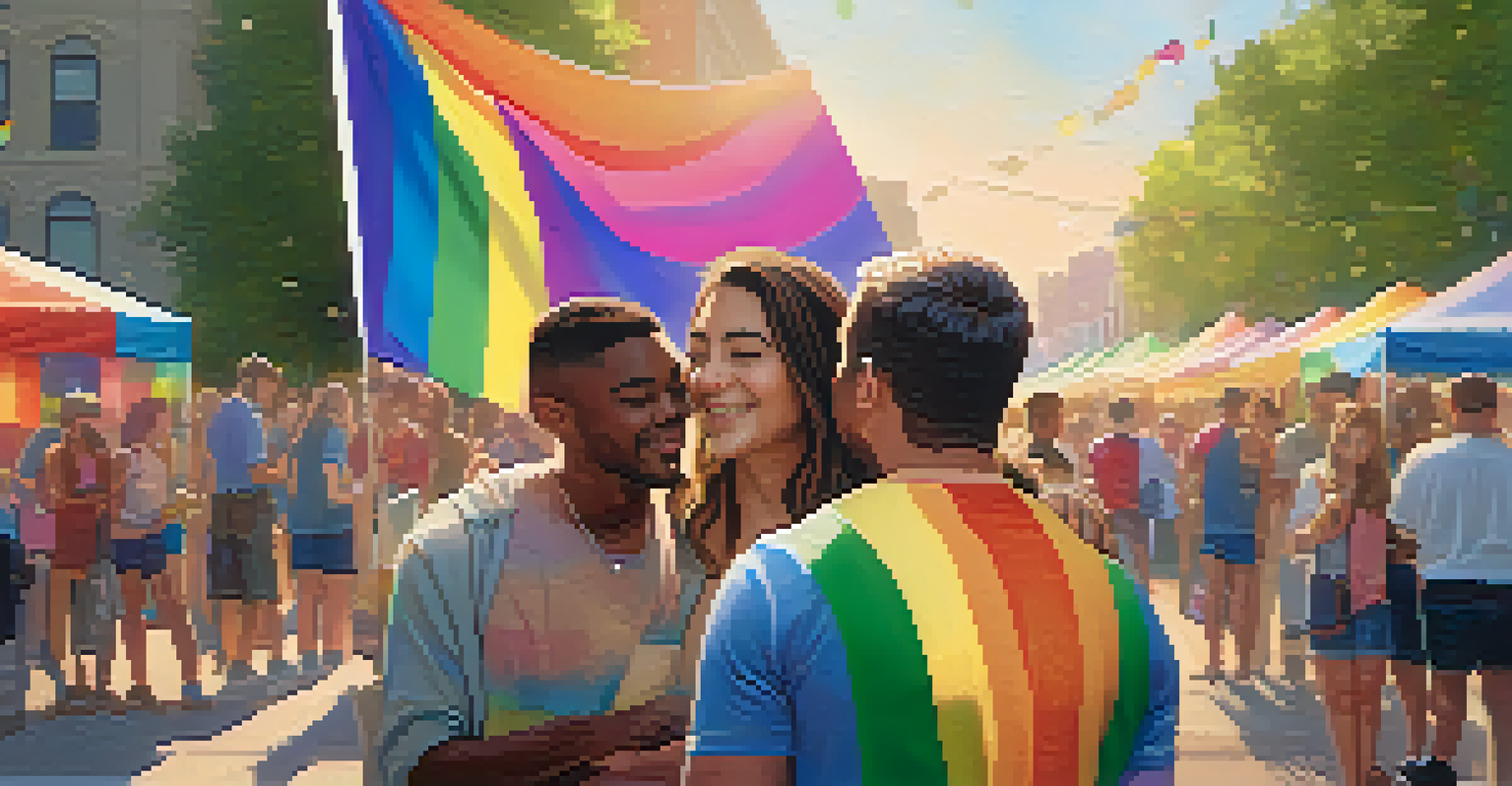 An ally and a LGBTQ+ individual holding a rainbow flag in front of an informational booth at a Pride festival.
