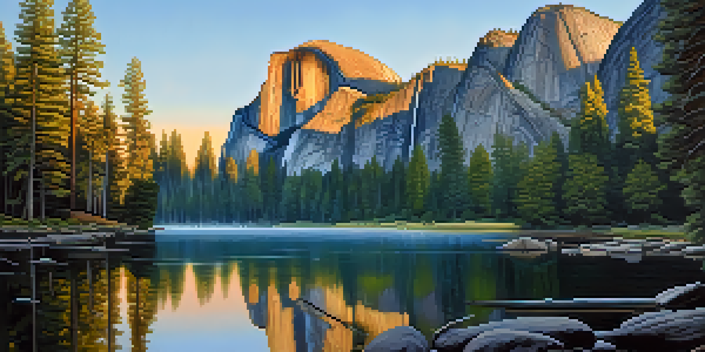 A tranquil scene of Mirror Lake in Yosemite National Park, reflecting granite cliffs and pine trees under the soft morning light.