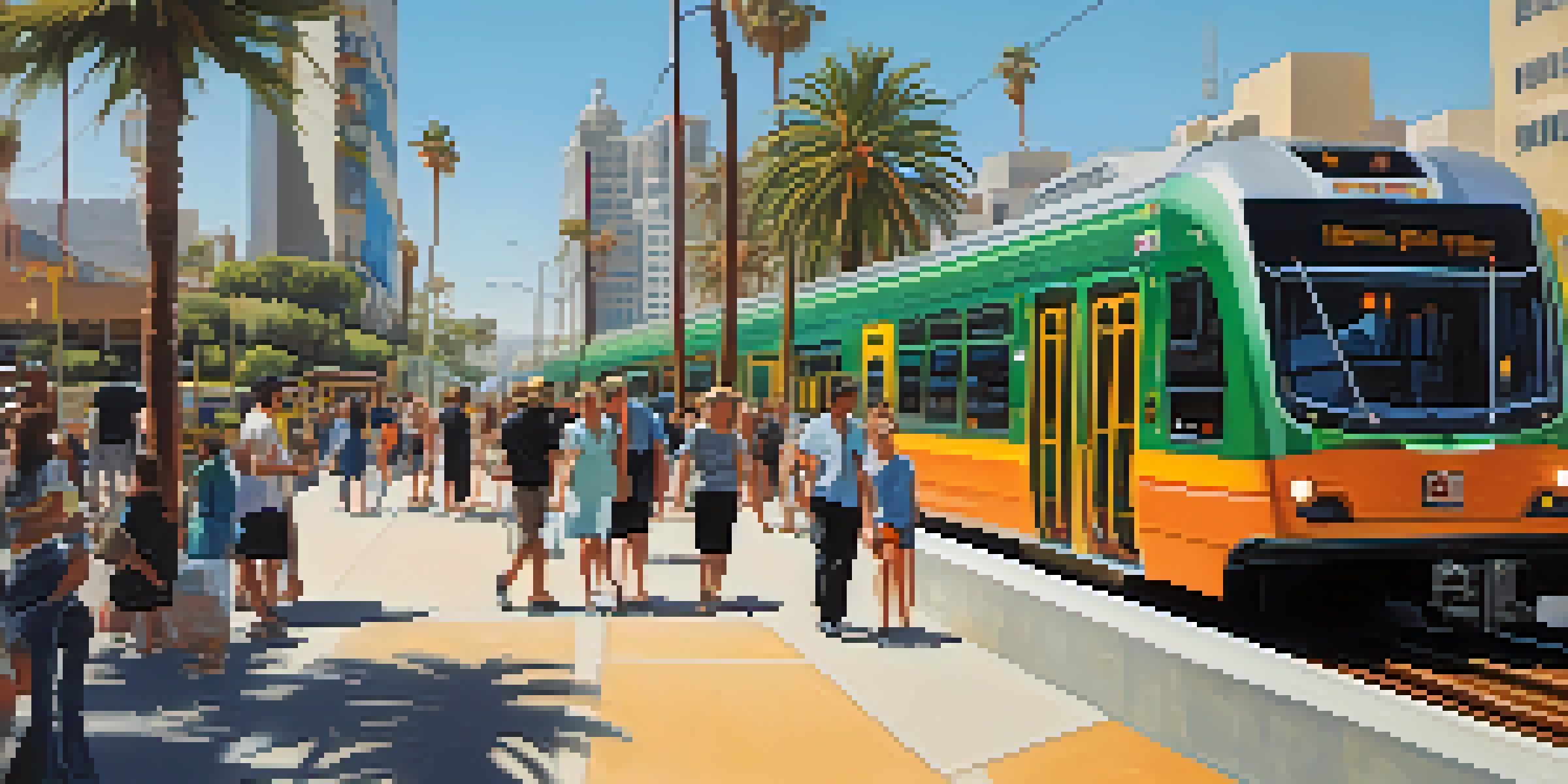A busy Los Angeles urban scene with a modern light rail train, palm trees, and high-rise buildings under a clear blue sky.