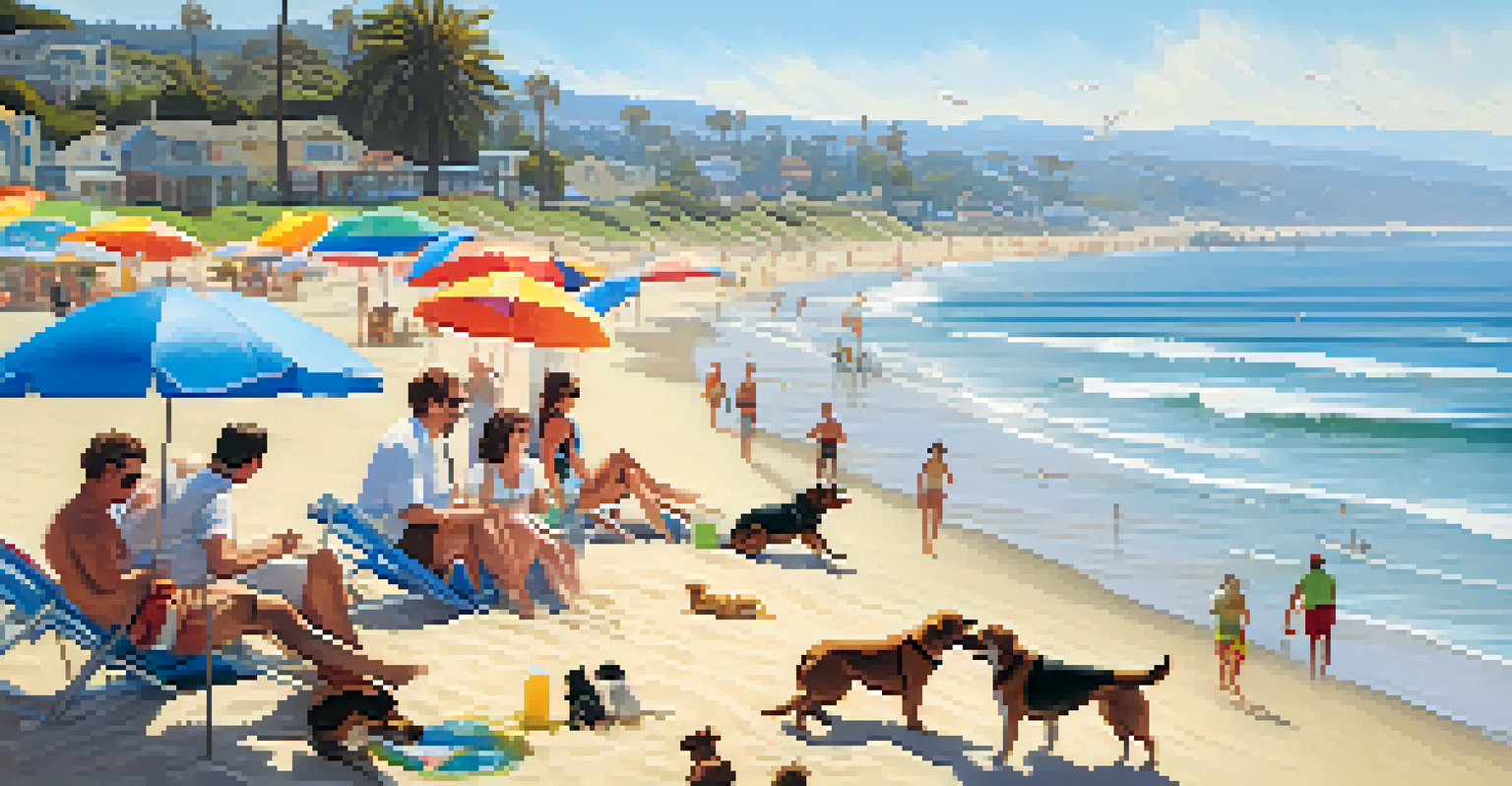 A beautiful pet-friendly beach in California with dogs playing in the sand and their owners enjoying the sunny weather.