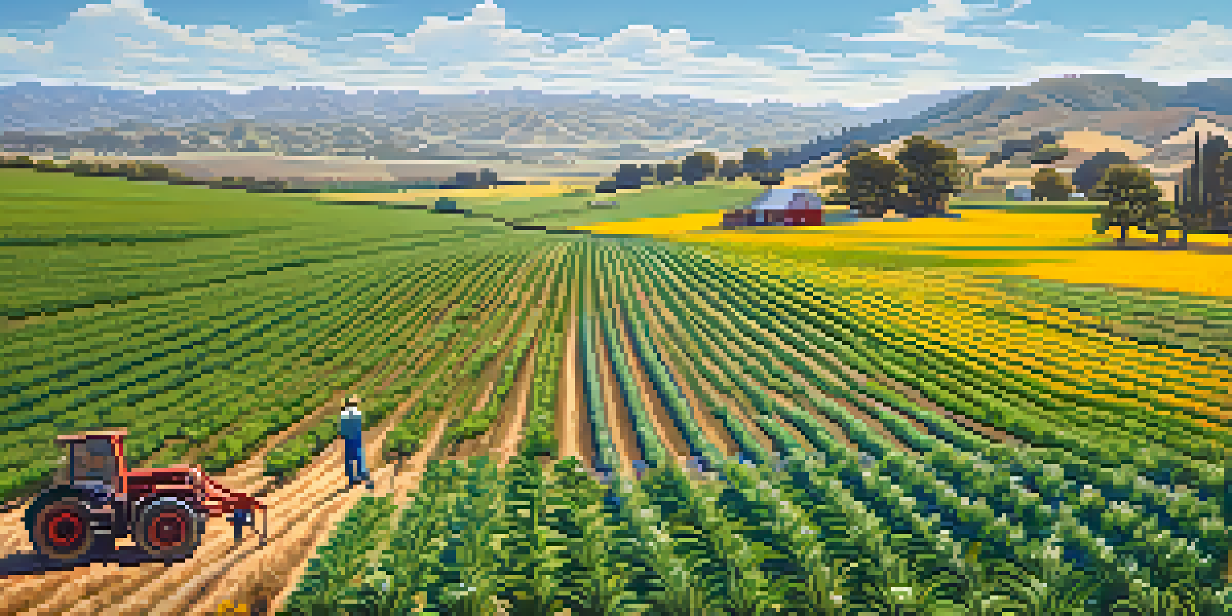 A picturesque view of California's agricultural landscape featuring various crops and a farmer tending to organic vegetables, with a clear blue sky.