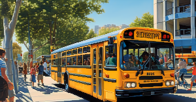 A colorful urban street scene in California with diverse passengers at a bus stop and modern buildings in the background.