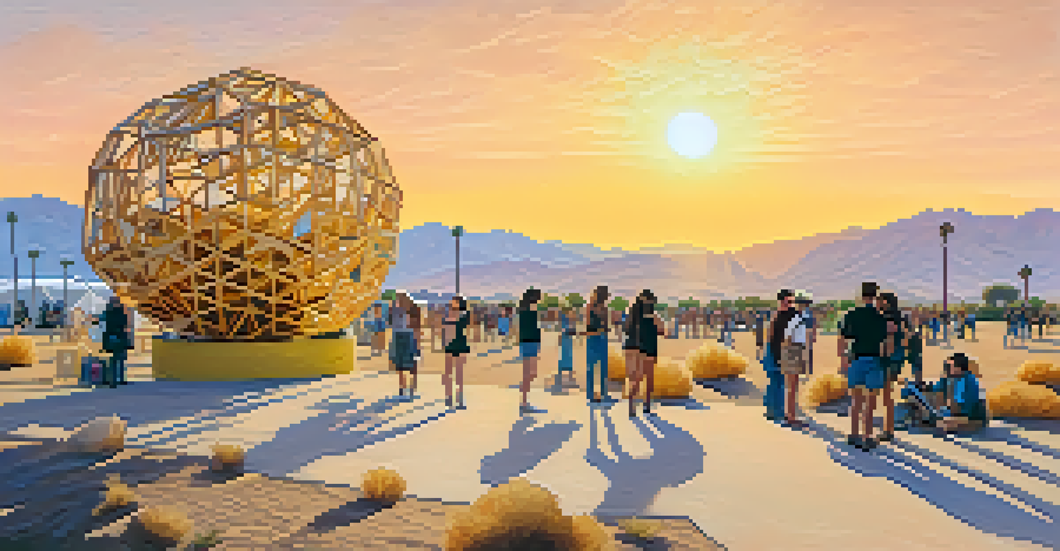 A large interactive art installation made from recycled materials at Coachella during sunset, with festival-goers exploring the artwork.