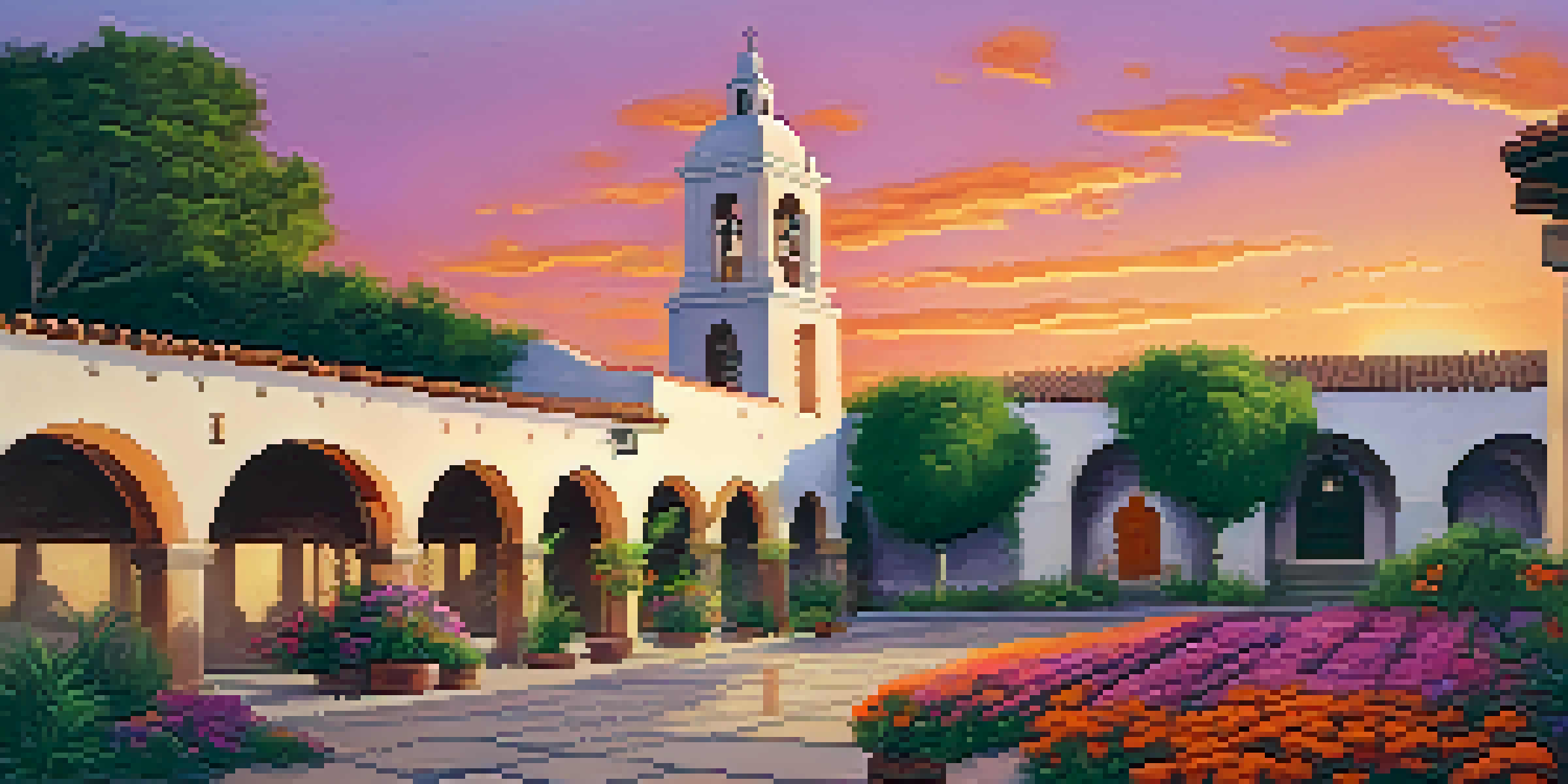 A picturesque sunset view of Mission San Diego de Alcalá, highlighting its adobe architecture and bell tower amidst colorful skies and lush gardens.