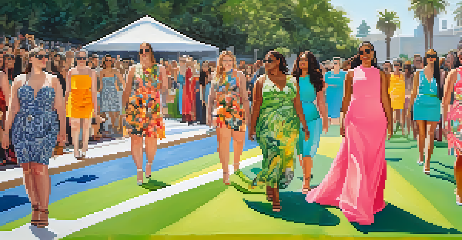 Outdoor fashion show in California with diverse models of various sizes walking the runway amidst greenery, highlighting inclusive fashion.