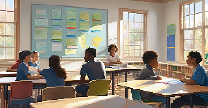 A diverse group of students working together in a bright classroom, surrounded by educational materials and large windows.