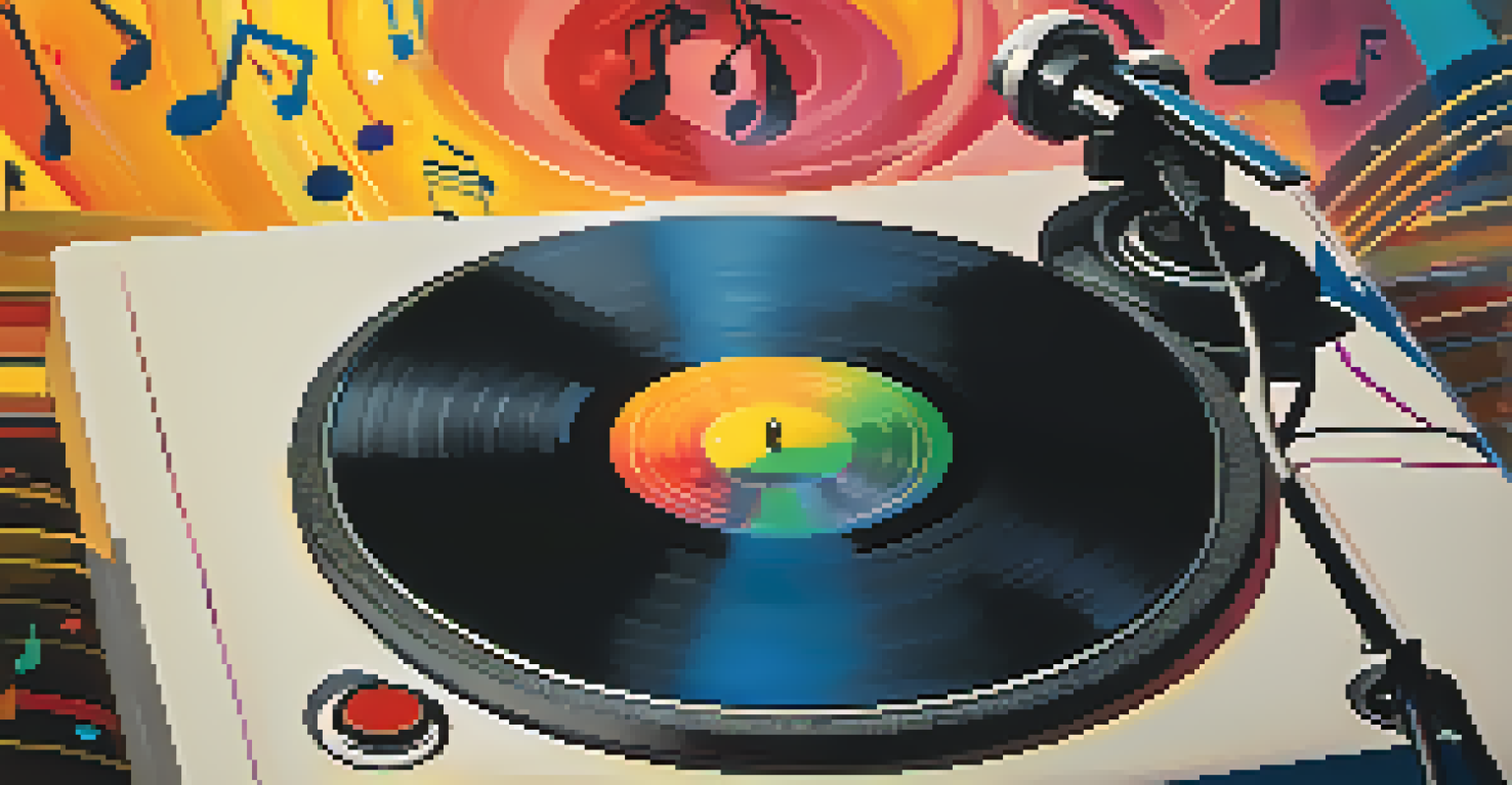 A close-up of a spinning vinyl record on a turntable with musical notes around it.